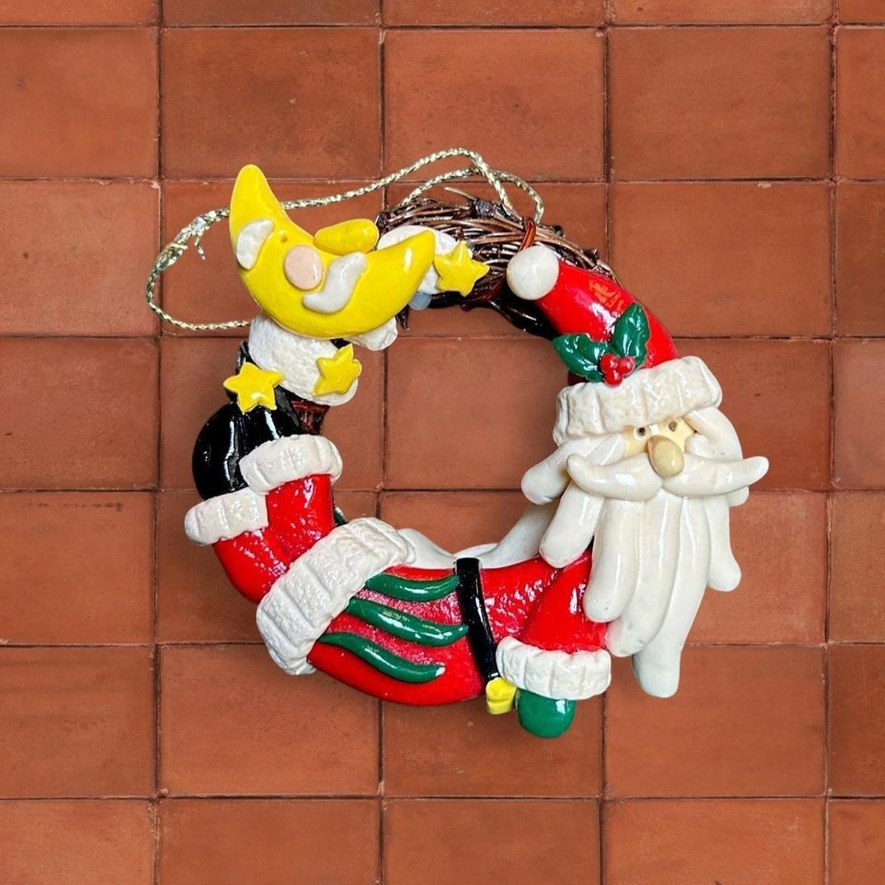 Vintage Celestial Kitschy Santa Claus and Moon Wreath Christmas Ornament